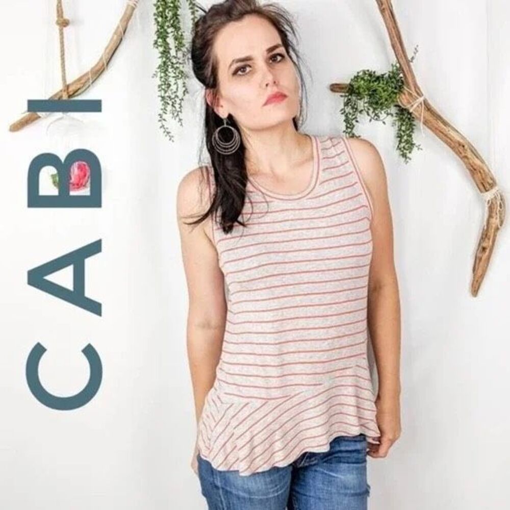 CABI Women’s Heather Gray and Orange Striped Ruffle Peplum Tank Top Size Medium